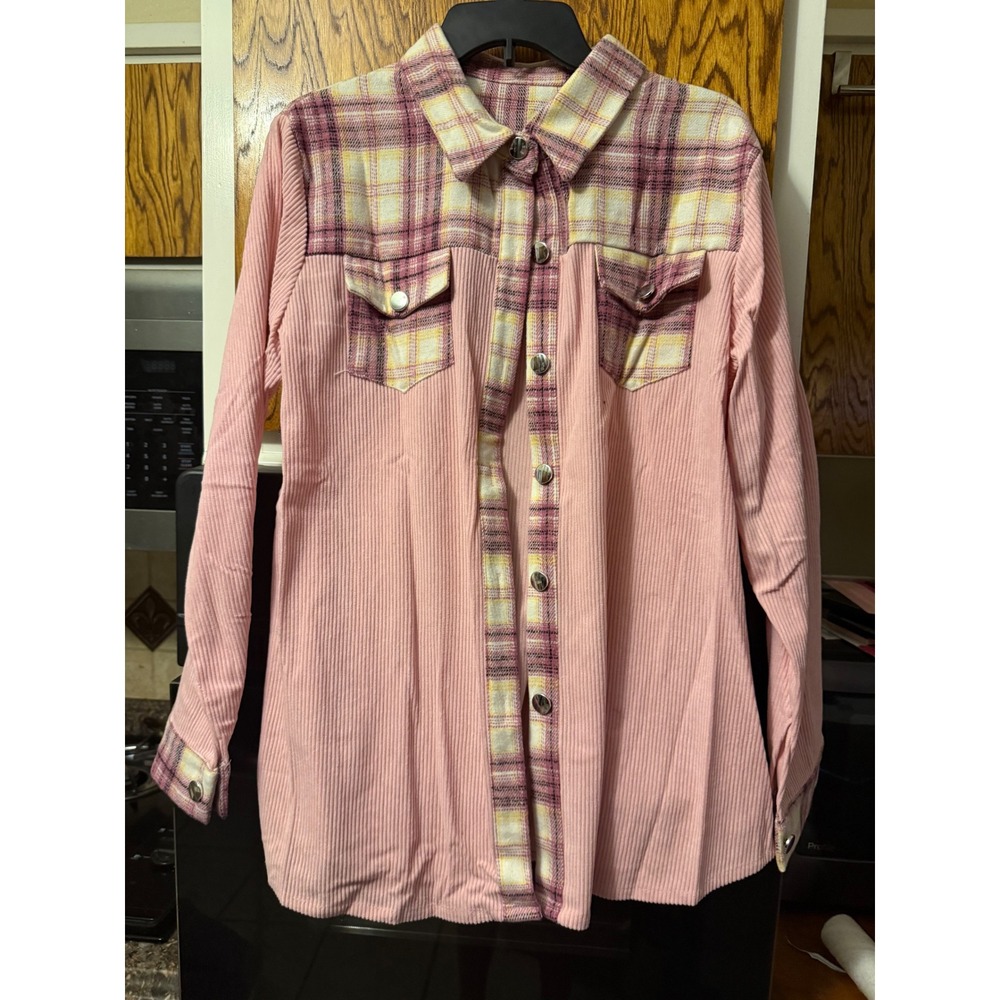 Pink Corduroy Plaid Flannel Mixed‎ Media Button Down Shacket Shirt Womens 2XL